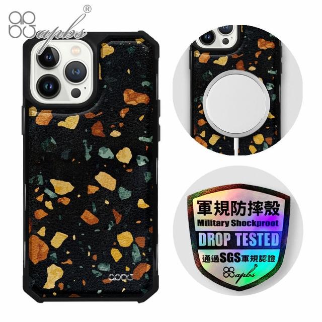 【apbs】iPhone 13 Pro Max / 13 Pro / 13 軍規防摔皮革磁吸手機殼(經典牛紋-黑磨石-上光版-黑殼)