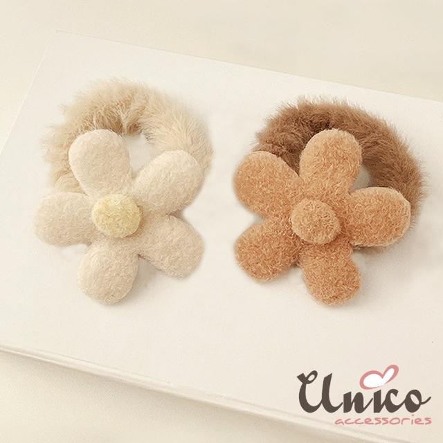 【UNICO】秋冬日韓風毛絨花朵綁髮髮圈/髮繩-2入組(韓國流行/聖誕節/裝扮)