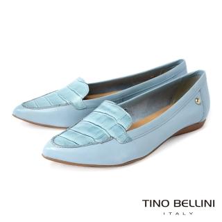 【TINO BELLINI 貝里尼】巴西進口鱷魚紋拼接牛皮微尖楦舒足平底鞋FSBT0006(淺藍)