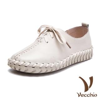 【Vecchio】真皮休閒鞋 綁帶休閒鞋/全真皮個性手工縫線交叉綁帶舒適休閒鞋(白)