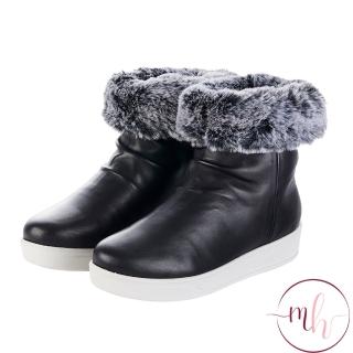 【MMHH】羊皮 反折 絨毛靴-時尚黑(雪靴 保暖 足弓)