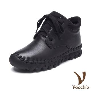 【Vecchio】真皮短靴 綁帶短靴/全真皮百搭舒適手工縫線綁帶設計休閒短靴(黑)