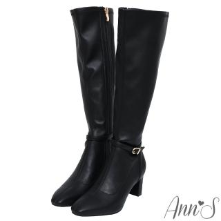 【Ann’S】精緻美感寬版-彈力羊紋可拆繫帶兩穿扁跟及膝長靴6.5cm(黑)