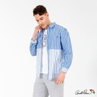 【Arnold Palmer 雨傘】男裝-棉質休閒直條正常版襯衫(藍白混色)