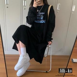 【JILLI-KO】復古英文圖案圓領衛衣裙-F(黑)
