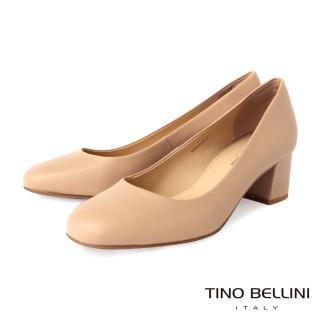 【TINO BELLINI 貝里尼】巴西進口復古女伶圓頭5CM粗跟鞋FSDT0004(米)