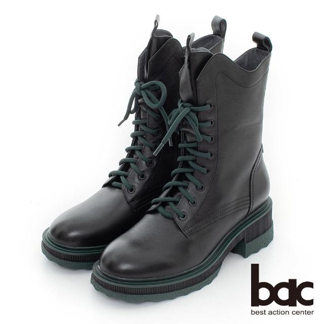 【bac】雙色厚底綁帶不對襯中筒靴(黑色)