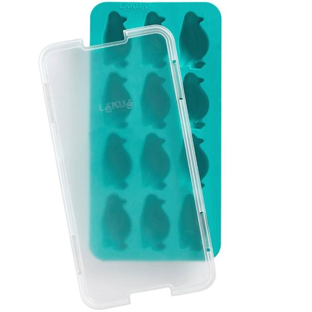 【LEKUE】12格附蓋企鵝製冰盒 湖綠(冰塊盒 冰塊模 冰模 冰格)