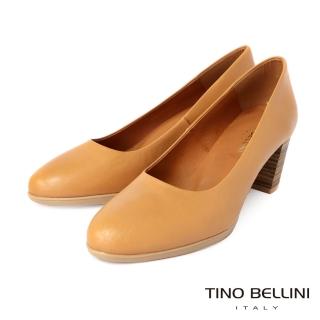 【TINO BELLINI 貝里尼】西班牙進口復古知性牛皮圓頭粗跟鞋FSDT0006(駝)