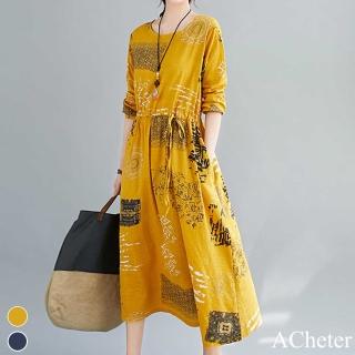 【ACheter】韓版寬鬆大碼時尚舒適印花棉麻洋裝#111858現貨+預購(2色)