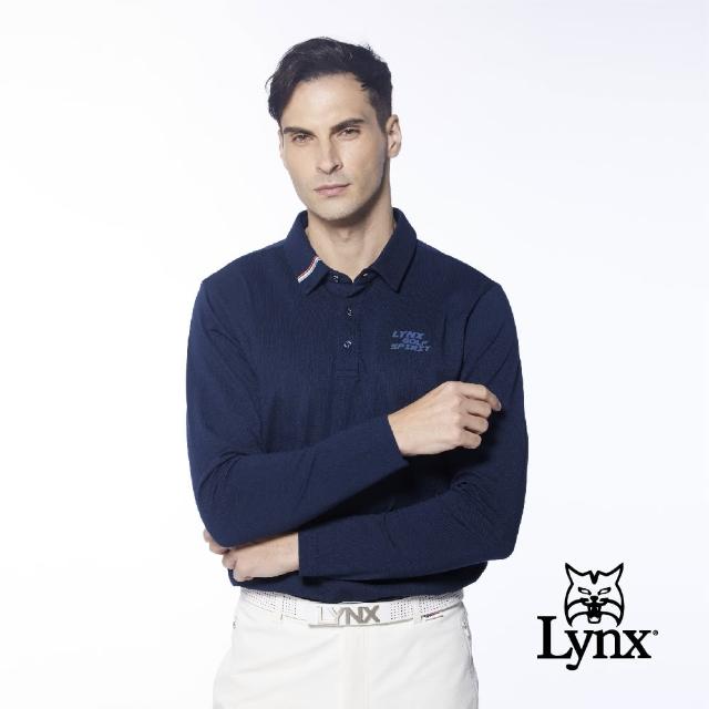 【Lynx Golf】男款吸排3M反光印花特殊剪裁配布長袖POLO衫/高爾夫球衫(深藍色)