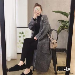【JILLI-KO】韓版厚款針織開衫外套-F(深灰/卡)