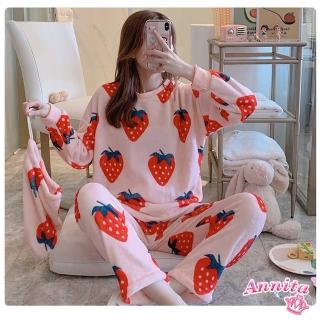 【Annita】可愛草莓 珊瑚絨法蘭絨兩件式居家服女睡衣(兩件式套裝/連身睡衣/居家服/長袖/保暖睡衣)