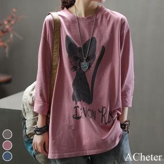 【ACheter】貓咪印花棉柔寬鬆大碼T恤上衣#111987現貨+預購(3色)