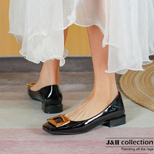 【J&H collection】時尚漆皮金屬方扣低跟鞋(現+預  黑色)