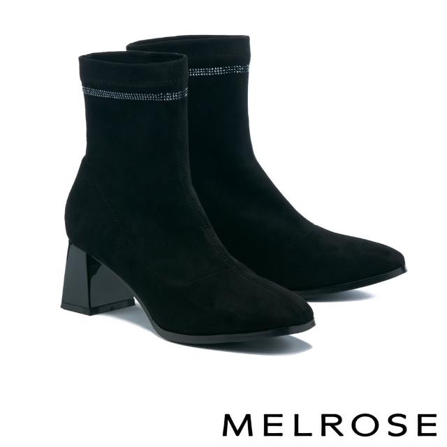 【MELROSE】經典時尚水鑽彈力布高跟短靴(黑)