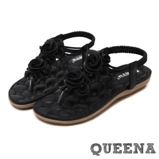 【QUEENA】甜美立體玫瑰造型T字舒適平底涼鞋(黑)