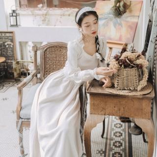 【Blue Velvet】雪國婚禮法式復古方領蕾絲綴邊連身裙(白)