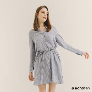 【Hang Ten】女裝-RELAXED FIT條紋長袖洋裝(藍)