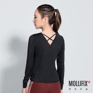 【Mollifix 瑪莉菲絲】後交叉長袖訓練上衣、瑜珈上衣、瑜珈服(黑)