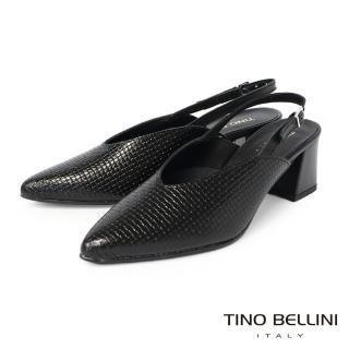 【TINO BELLINI 貝里尼】義大利進口特殊紋理牛皮尖頭後釦帶粗跟鞋FS2T0007(黑)