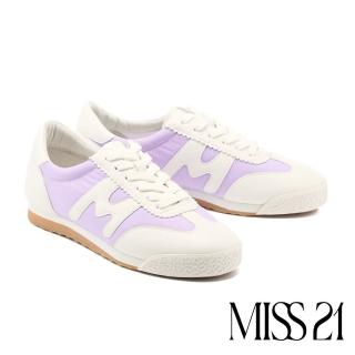 【MISS 21】美式復古M字拼接綁帶厚底休閒鞋(紫)