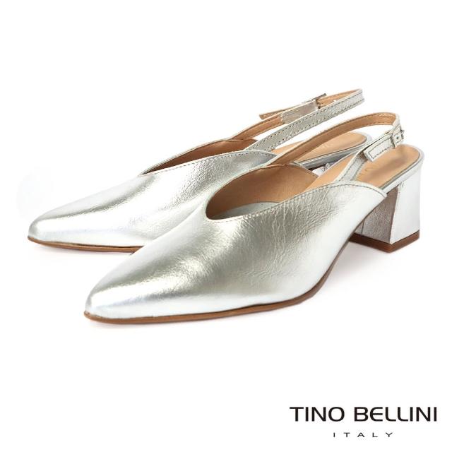 【TINO BELLINI 貝里尼】義大利進口V型鞋口後釦帶尖頭粗跟鞋FS2T0004(銀)
