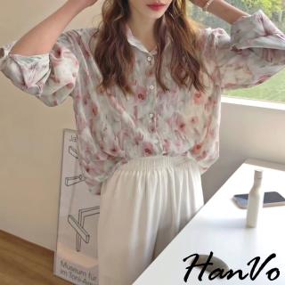 【HanVo】韓系浪漫暈染花朵襯衫(印花復古雪紡氣質上衣外套 韓國女裝 女生衣著 1713)