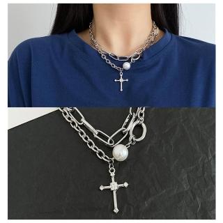 【HaNA 梨花】韓國中性男女街頭十字架．雙層設計珍珠十字項鍊