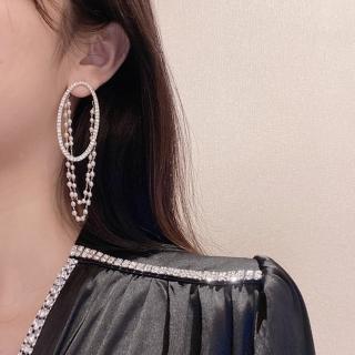 【BBHONEY】韓國ins高級感銀針圓圈水晶珍珠長款耳環(網美必備款)