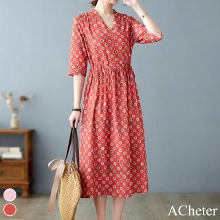 【ACheter】夏新款棉麻印花文藝V領抽繩寬鬆洋裝#111937現貨+預購(2色)