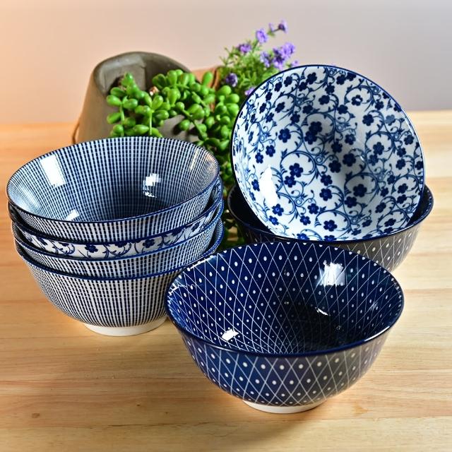 【YU Living 信歐傢居】日式復古藍陶瓷大碗三件組 湯碗(三件一組 /3款/ 630ml)
