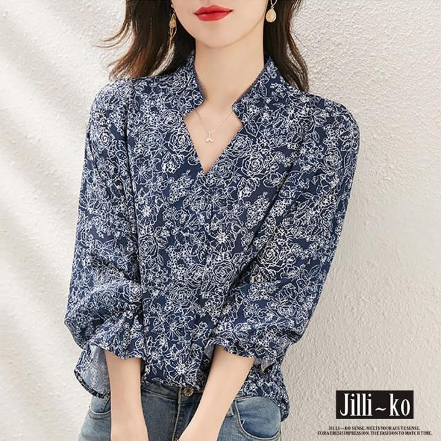 【JILLI-KO】韓版時尚V領印花襯衫-M/L(藍)