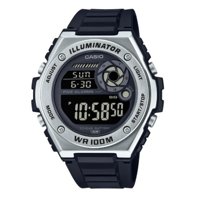 【CASIO 卡西歐】重工業風金屬錶圈電子錶-銀框X黑面(MWD-100H-1B)