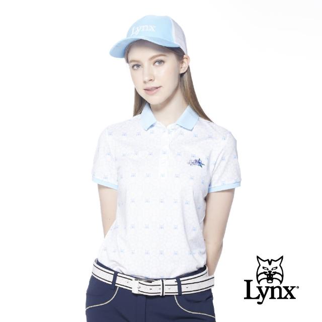 【Lynx Golf】女款吸排抗UV合身版山貓多邊形印花短袖POLO衫/高爾夫球衫(淺藍色)