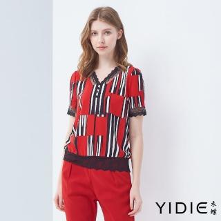 【YIDIE 衣蝶】黑白琴鍵雪紡造型衫-紅