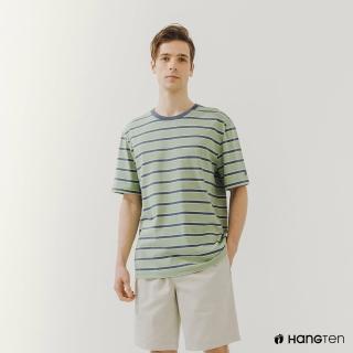 【Hang Ten】男裝-厚磅寬鬆環保纖維條紋T恤(綠/藍)
