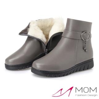 【MOM】真皮短靴 坡跟短靴/真皮細緻牛皮時尚皮帶釦飾平底坡跟舒適短靴(灰)