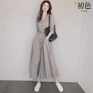【初色】純色V領收腰襯衫連身裙洋裝-灰色-60701(M-XL可選)