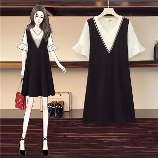 【麗質達人】9196黑白拼色假二件洋裝(特價商品)