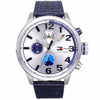 【Tommy Hilfiger】Tommy 美國時尚三眼流行風格優質皮革腕錶-銀+藍-1791240