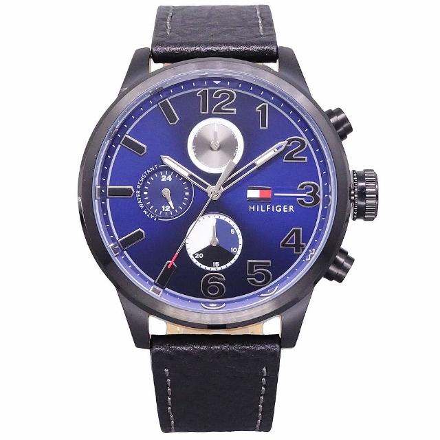【Tommy Hilfiger】Tommy 美國時尚三眼流行風格優質皮革腕錶-黑+藍-1791241