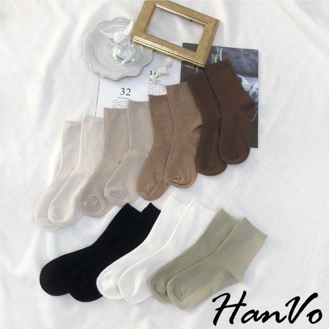 【HanVo】簡約小方格條素色堆堆襪 韓國潮流時尚百搭休閒襪(超值4件組 6074)