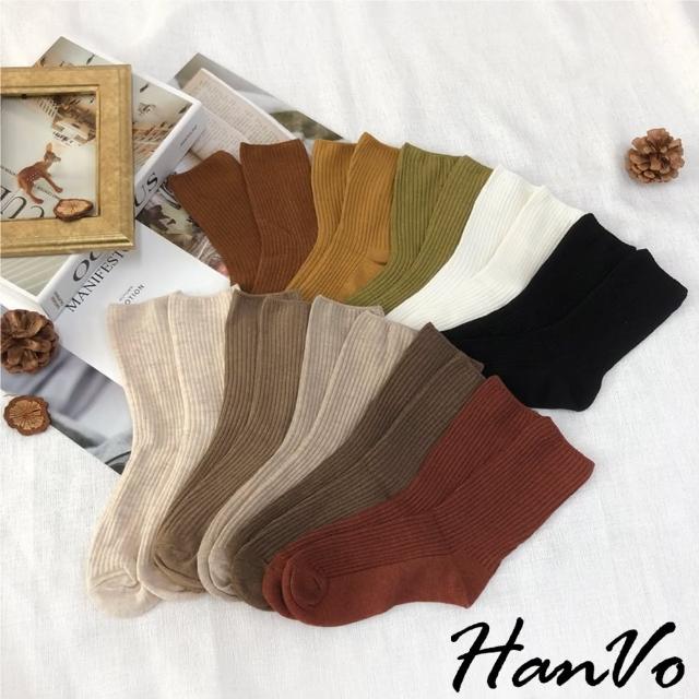 【HanVo】必Buy!簡約基礎多色雙針堆堆襪 韓國潮流時尚休閒襪(超值5件組 6078)