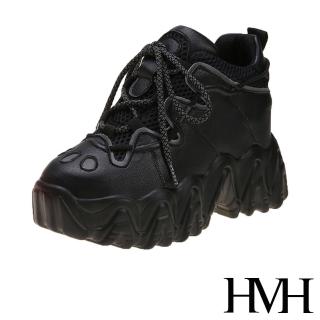 【HMH】厚底老爹鞋 內增高老爹鞋/潮流流線網布拼接綁帶造型內增高復古厚底老爹鞋(黑)