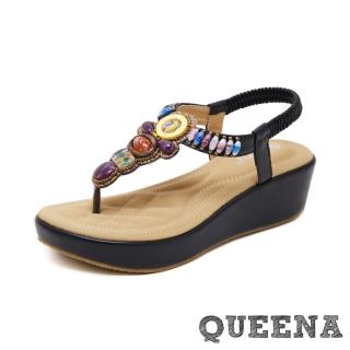 【QUEENA】厚底涼鞋 坡跟涼鞋/波希米亞民族風大寶石串珠坡跟厚底舒適涼鞋(黑)