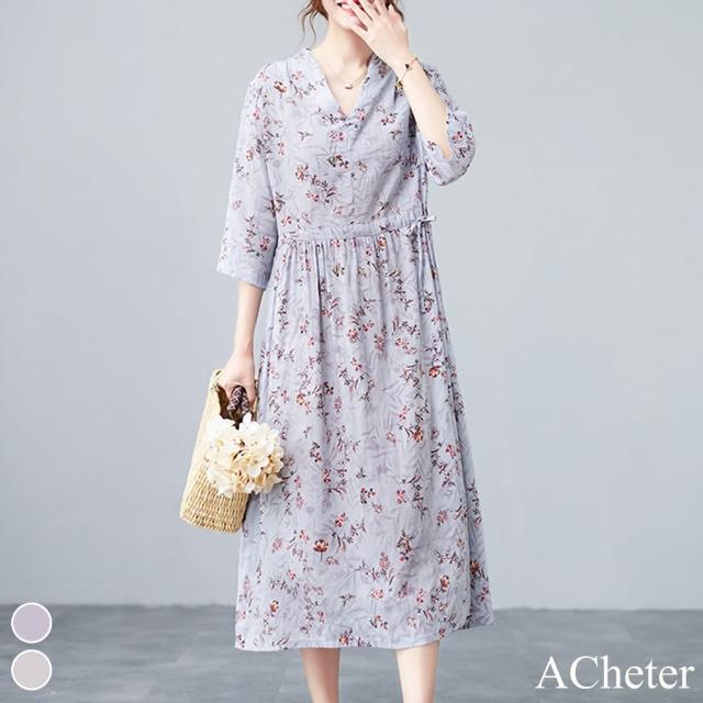 【ACheter】夏季新款輕薄寬鬆棉麻碎花洋裝#111936現貨+預購(2色)