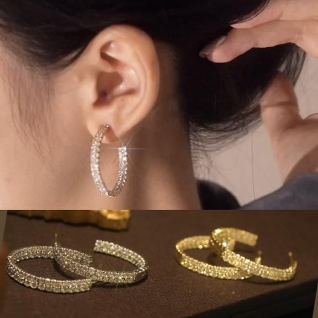 【Emi 艾迷】韓系閃爍奪目密鑽勾勒 925銀針 圈圈 耳環