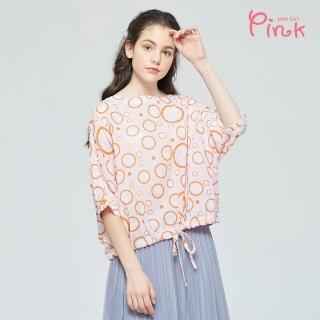 【PINK NEW GIRL】滿版幾何印花腰綁帶五分袖上衣 I1205AQ