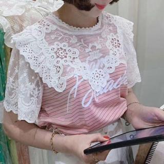 【BBHONEY】可愛蕾絲造型荷葉邊粉色條紋上衣T恤(網美必備款)